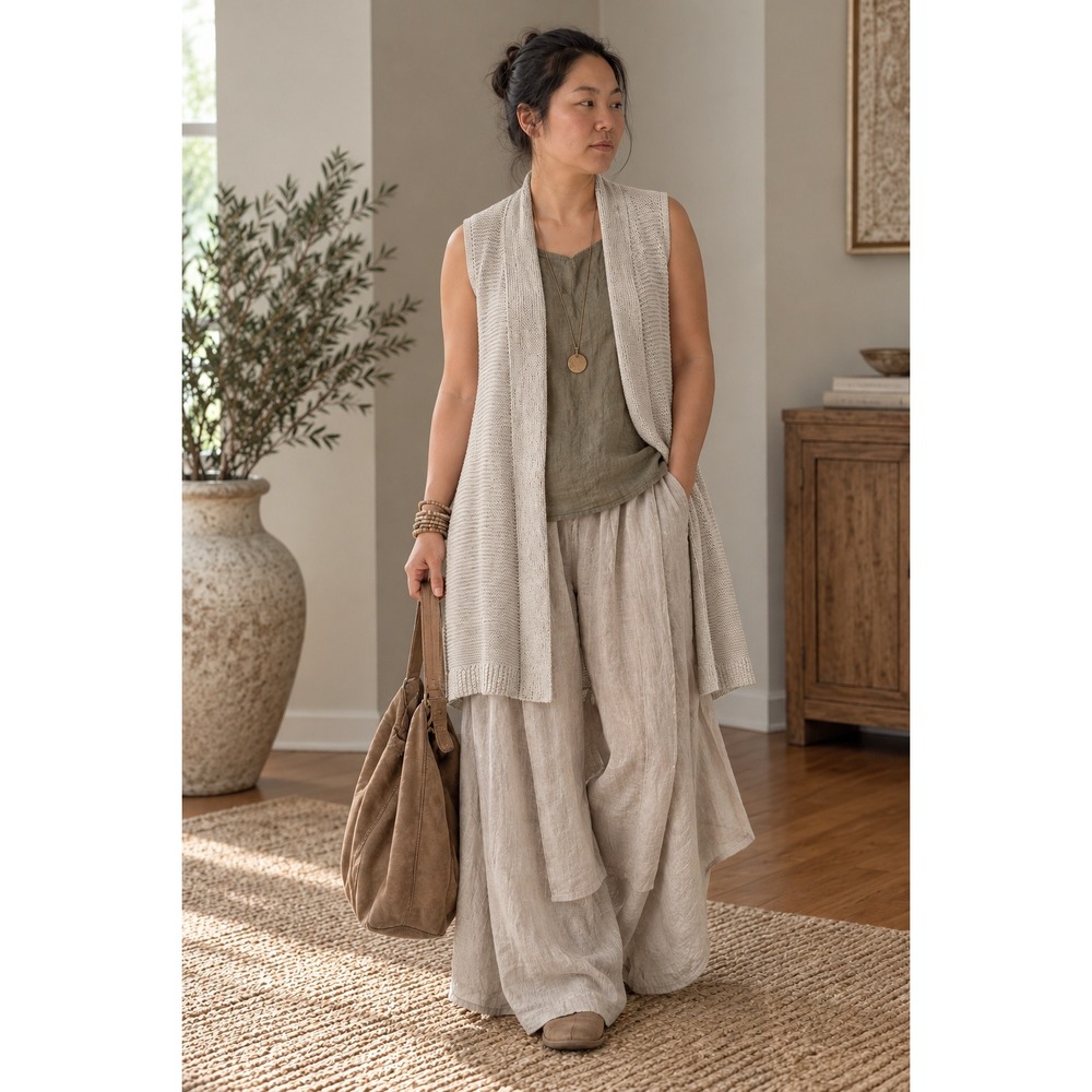 J. Jill Silk Blend Knit Open Front Long Cardigan Vest Beige Oatmeal RN 97641 XS